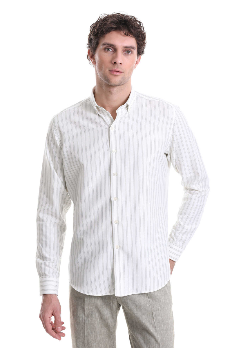 Yeşil Slim Fit Çizgili Dik Yaka Pamuklu Uzun Kollu Casual Gömlek - Hatemoğlu