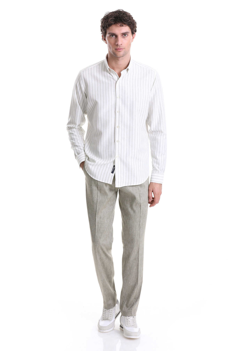 Yeşil Slim Fit Çizgili Dik Yaka Pamuklu Uzun Kollu Casual Gömlek - Hatemoğlu (1)