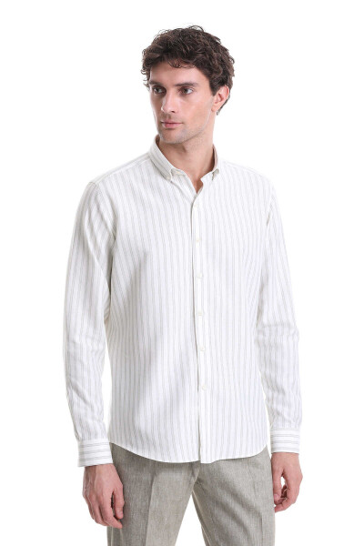 Yeşil Slim Fit Çizgili Dik Yaka Pamuklu Uzun Kollu Casual Gömlek - 3
