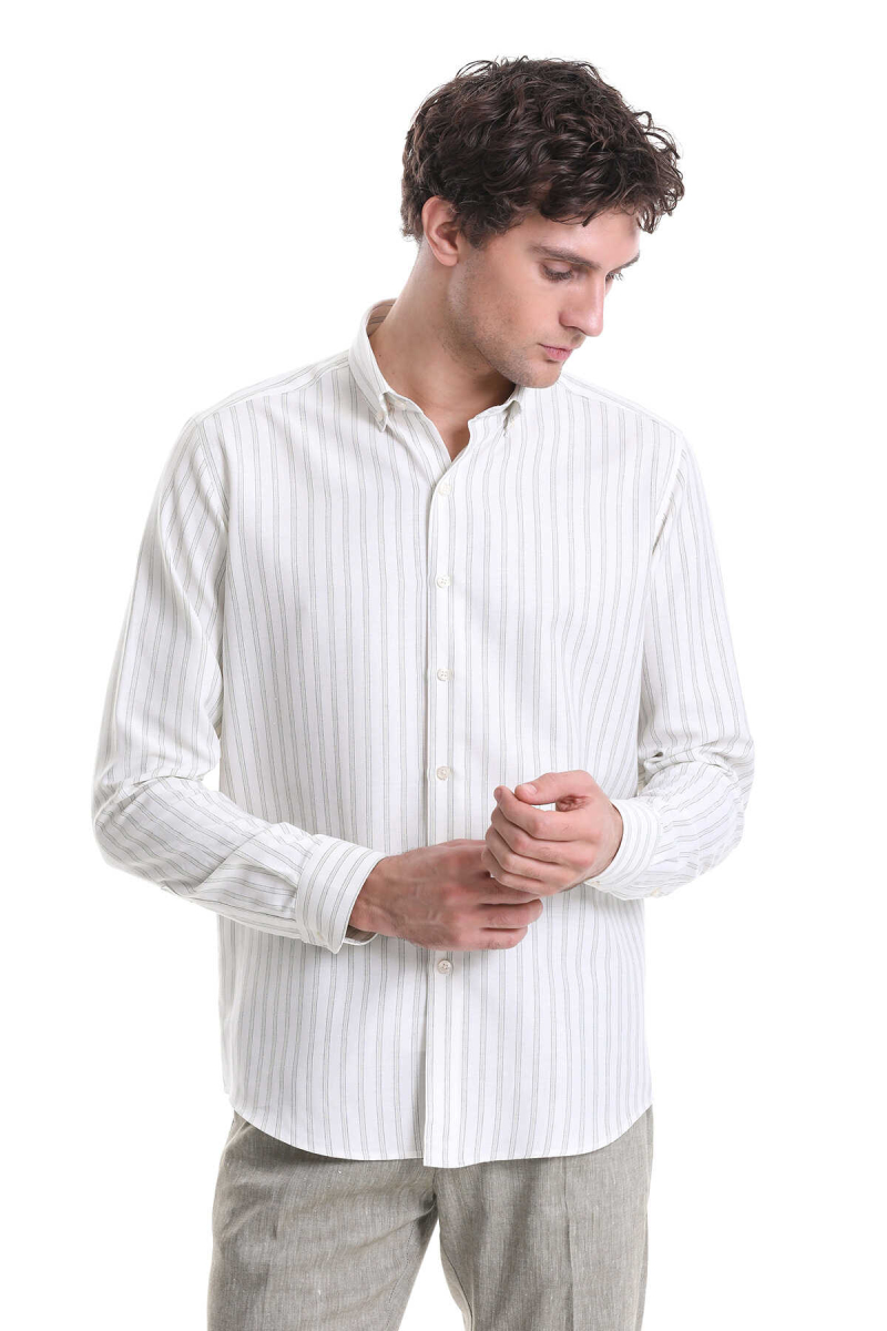 Yeşil Slim Fit Çizgili Dik Yaka Pamuklu Uzun Kollu Casual Gömlek - Hatemoğlu (1)