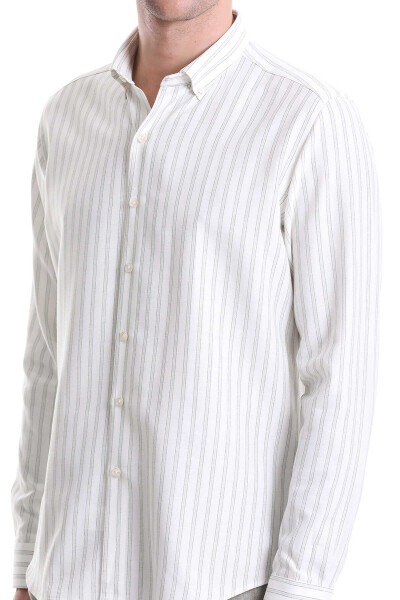 Yeşil Slim Fit Çizgili Dik Yaka Pamuklu Uzun Kollu Casual Gömlek - 5