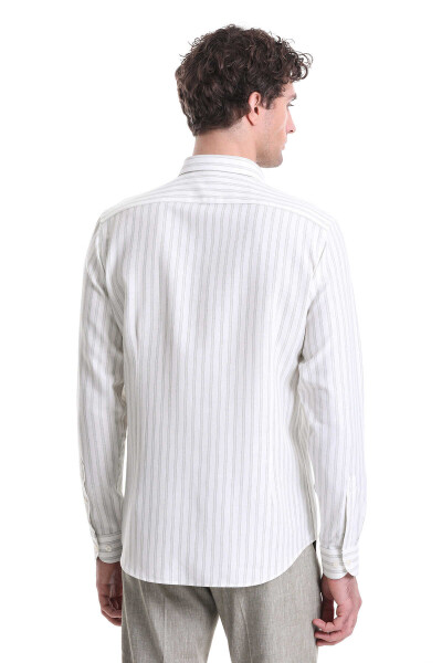 Yeşil Slim Fit Çizgili Dik Yaka Pamuklu Uzun Kollu Casual Gömlek - 6