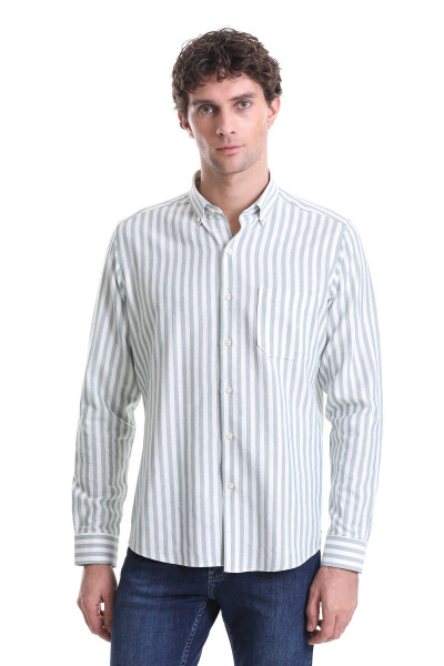 Yeşil Slim Fit Çizgili Dik Yaka Pamuklu Uzun Kollu Casual Gömlek 