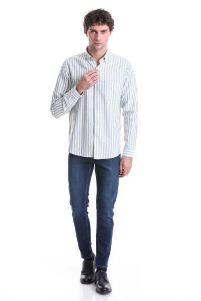 Yeşil Slim Fit Çizgili Dik Yaka Pamuklu Uzun Kollu Casual Gömlek - 2