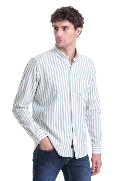 Yeşil Slim Fit Çizgili Dik Yaka Pamuklu Uzun Kollu Casual Gömlek - 3