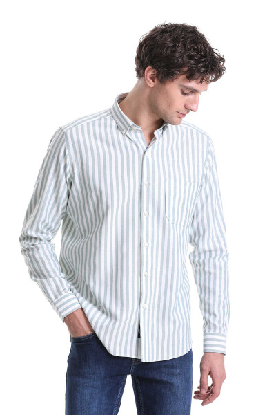 Yeşil Slim Fit Çizgili Dik Yaka Pamuklu Uzun Kollu Casual Gömlek - 4