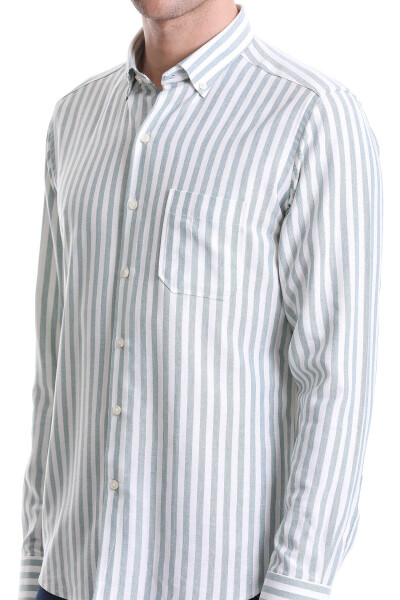 Yeşil Slim Fit Çizgili Dik Yaka Pamuklu Uzun Kollu Casual Gömlek - 5