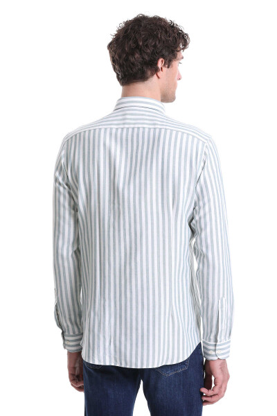 Yeşil Slim Fit Çizgili Dik Yaka Pamuklu Uzun Kollu Casual Gömlek - 6