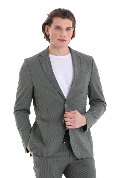 Yeşil Slim Fit Çizgili Mono Yaka Klasik Takım Elbise - 2