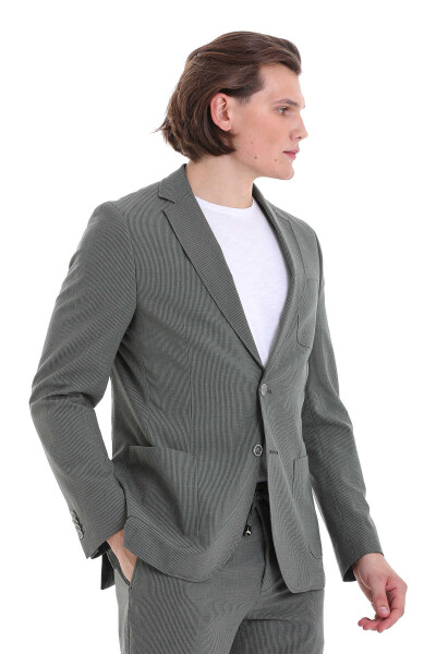 Yeşil Slim Fit Çizgili Mono Yaka Klasik Takım Elbise - 3