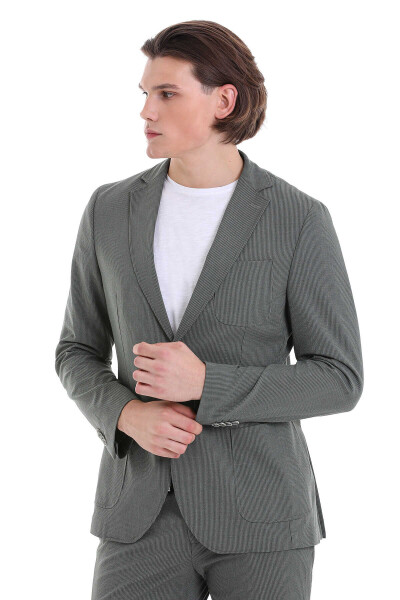 Yeşil Slim Fit Çizgili Mono Yaka Klasik Takım Elbise - 4