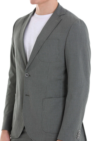 Yeşil Slim Fit Çizgili Mono Yaka Klasik Takım Elbise - 5