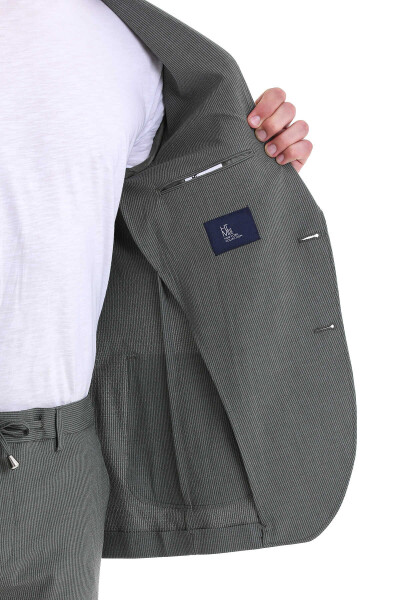 Yeşil Slim Fit Çizgili Mono Yaka Klasik Takım Elbise - 6