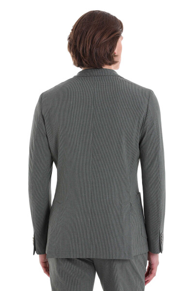 Yeşil Slim Fit Çizgili Mono Yaka Klasik Takım Elbise - 7