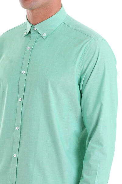 Yeşil Slim Fit 100% Pamuk Düğmeli Yaka Uzun Kollu Klasik Gömlek - 5