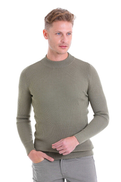 Yeşil Slim Fit Fitilli Yarım Balıkçı Yaka Yünlü Kazak - 2
