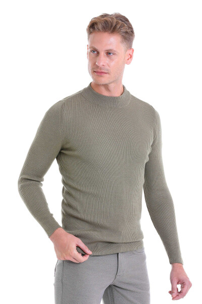 Yeşil Slim Fit Fitilli Yarım Balıkçı Yaka Yünlü Kazak - 3