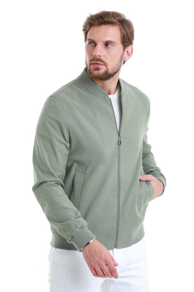 Yeşil Slim Fit Dik Yaka Basic Mevsimlik Mont - 3