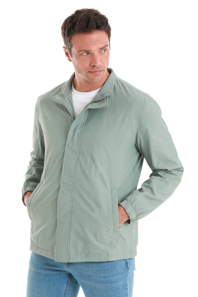 Yeşil Slim Fit Düz Dik Yaka Mevsimlik Mont - 4