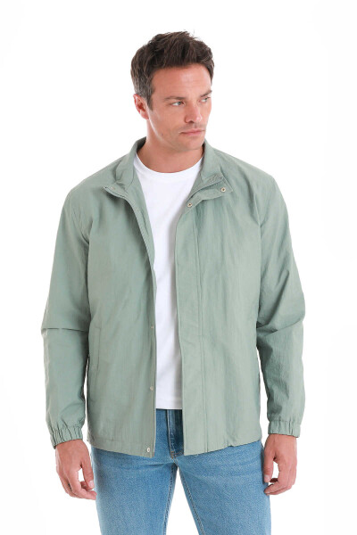 Yeşil Slim Fit Düz Dik Yaka Mevsimlik Mont - 6