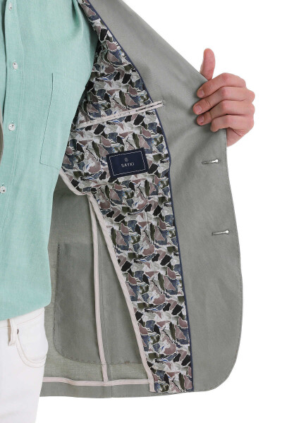 Yeşil Slim Fit Mono Yaka Casual Keten Ceket - 5