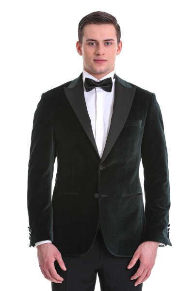 Yeşil Slim Fit Sivri Yaka Kadife Klasik Smokin Damatlık - 2