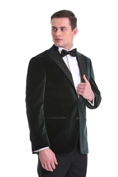 Yeşil Slim Fit Sivri Yaka Kadife Klasik Smokin Damatlık - 3