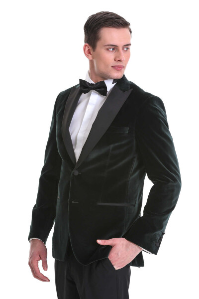 Yeşil Slim Fit Sivri Yaka Kadife Klasik Smokin Damatlık - 4
