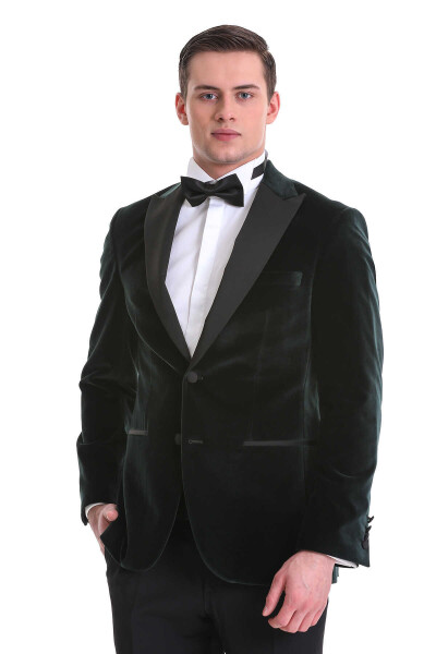 Yeşil Slim Fit Sivri Yaka Kadife Klasik Smokin Damatlık - 5
