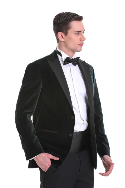 Yeşil Slim Fit Sivri Yaka Kadife Klasik Smokin Damatlık - 6