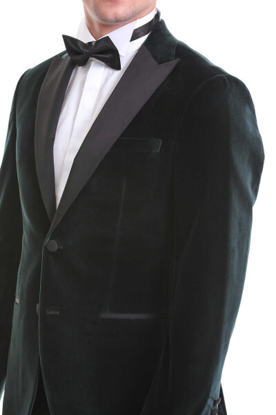 Yeşil Slim Fit Sivri Yaka Kadife Klasik Smokin Damatlık - 7