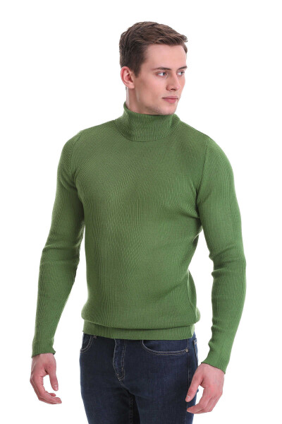 Yeşil Slim Fit Fitilli Balıkçı Yaka Yünlü Triko Kazak - 2