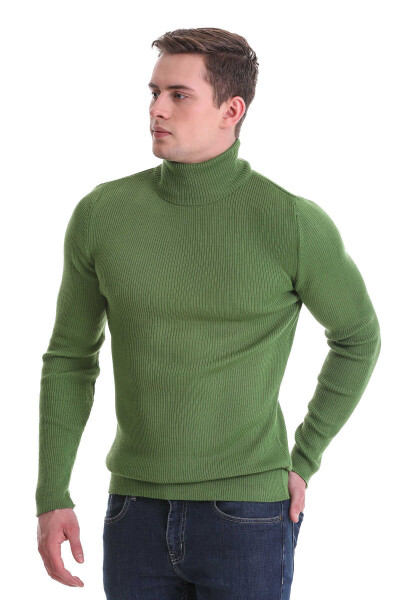 Yeşil Slim Fit Fitilli Balıkçı Yaka Yünlü Triko Kazak - 3